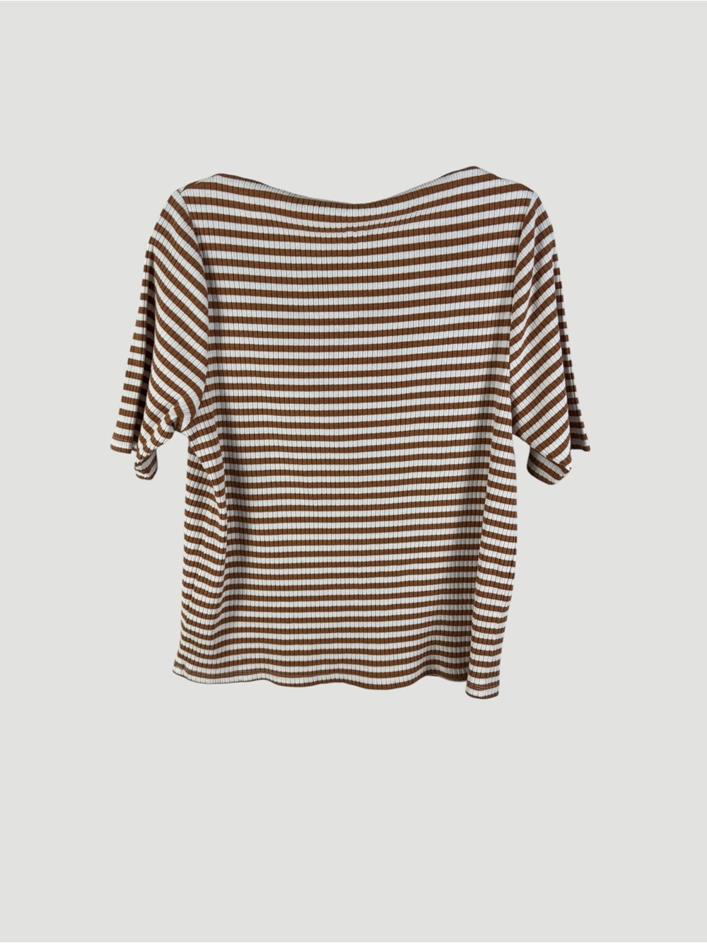 Old Navy Brown and White Striped Ribbed Boat Neck Short Sleeve Top